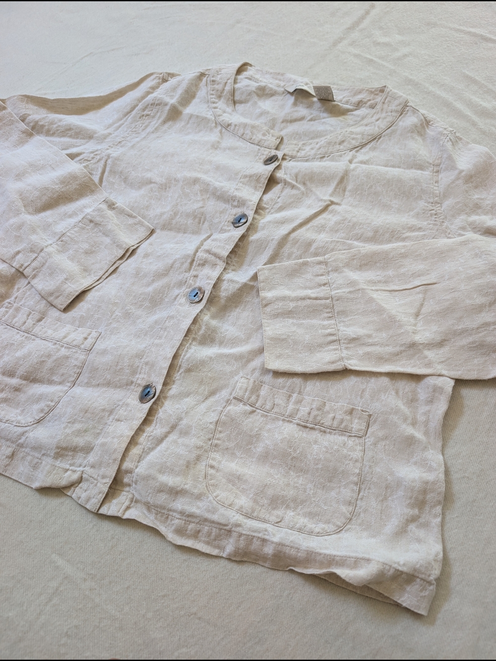 J. Jill 100% Linen Button-Up Textured Beige Top Large